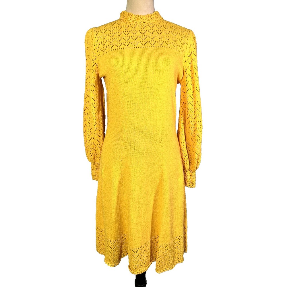 Vintage 70's Picardo Knits Sunny Yellow Long Sleeve Heavyweight Crotchet Dress